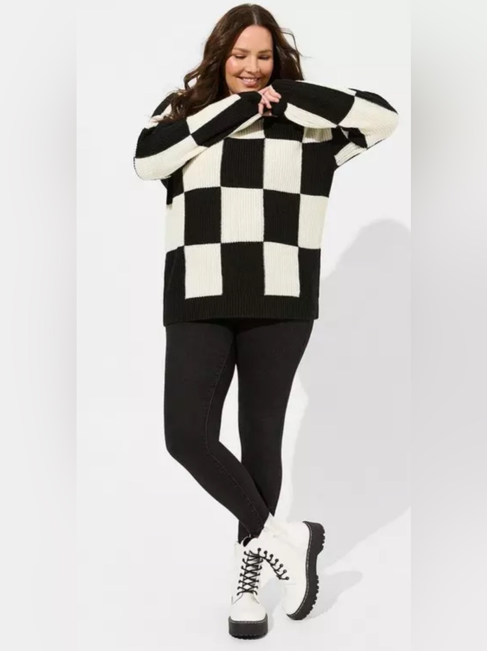 Torrid 4 Womens 4X Checker Black White Knit Pullover Drop Shoulder Sweater